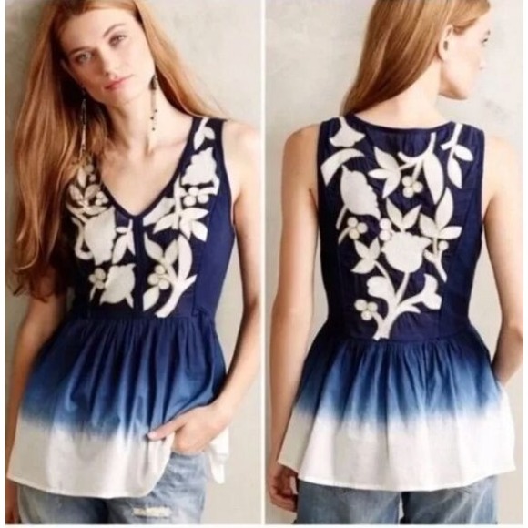 Anthropologie Floreat Dip Dyed‎ Peplum Tank Embroidered V-Neck Sleeveless XS - Picture 1 of 10